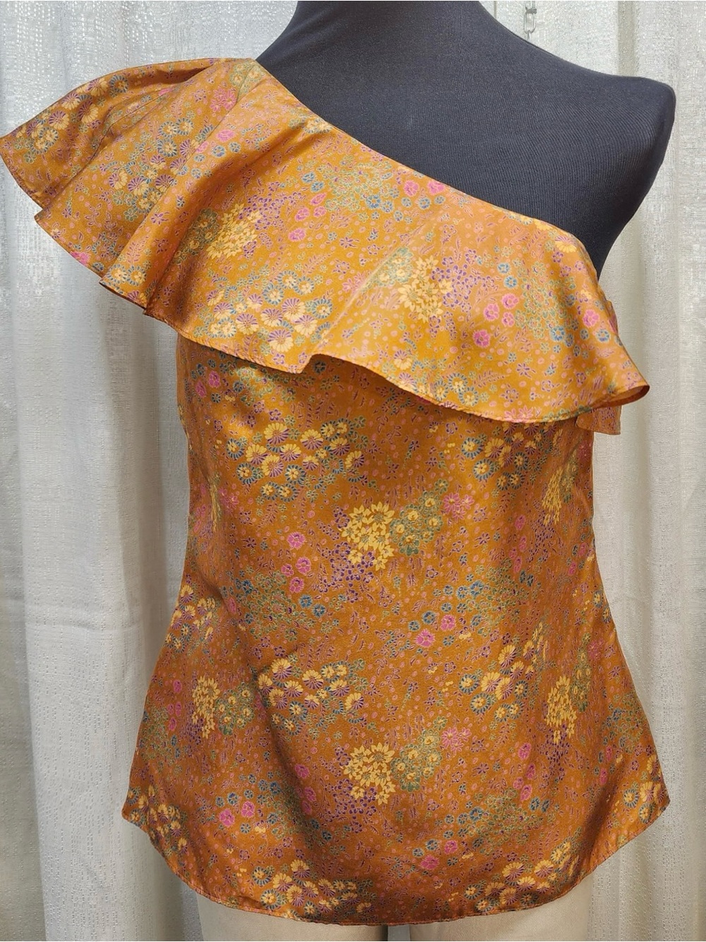 Rebecca Taylor Isabelle Silk One Shoulder Top Women's Orange Floral Print size 2
